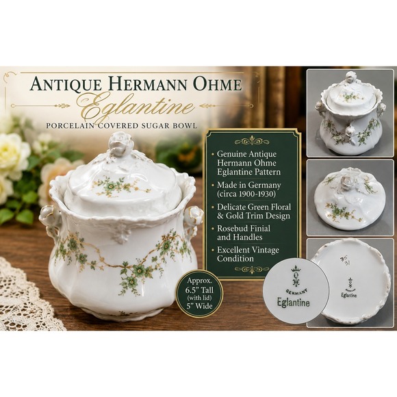 Hermann Ohme Other - Antique Hermann Ohme Eglantine Porcelain Covered Sugar Bowl Germany Floral Gold
